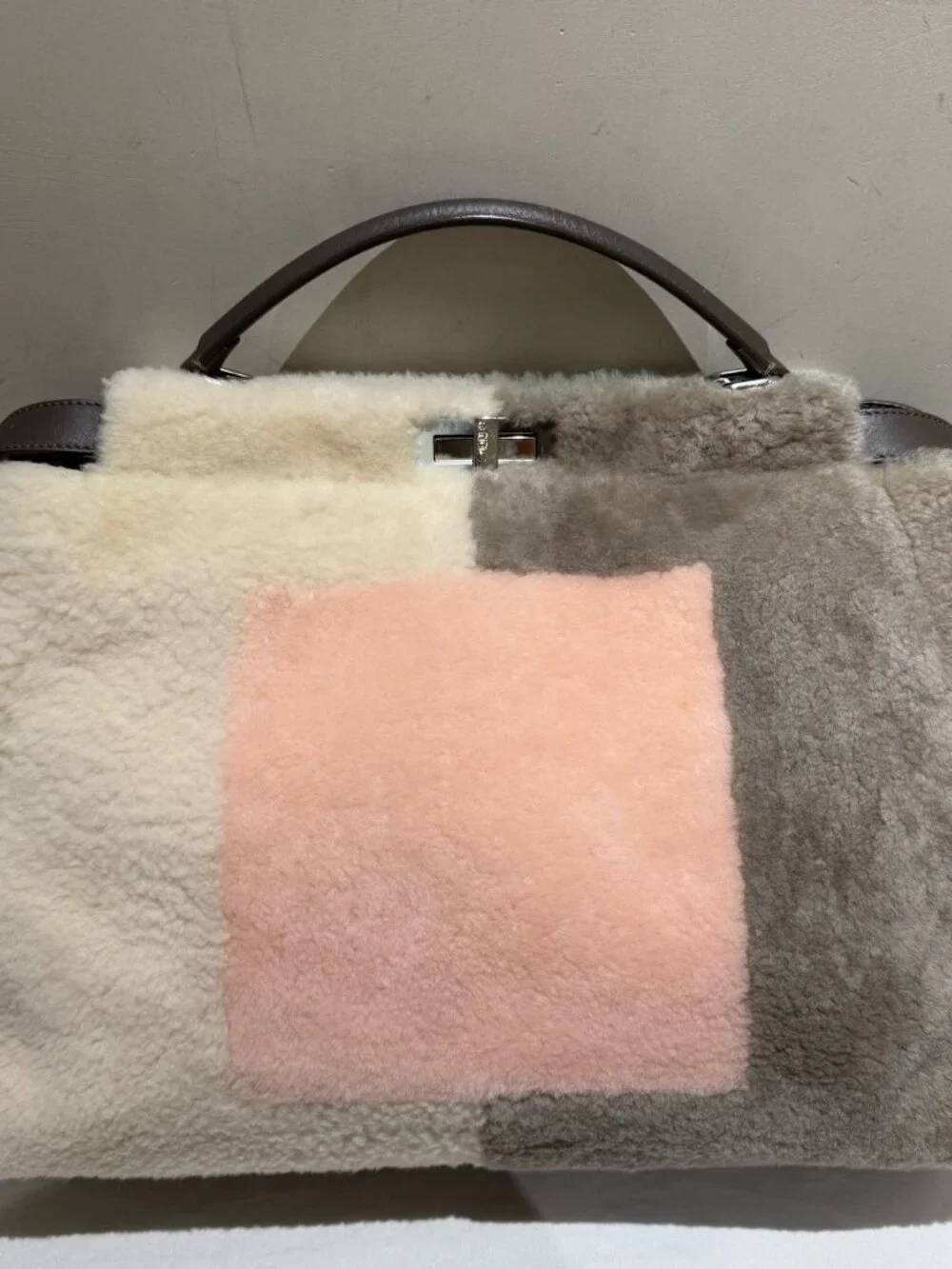 Fendi Peekaboo Medium Patchwork Shearling Top‑Handle Handbag